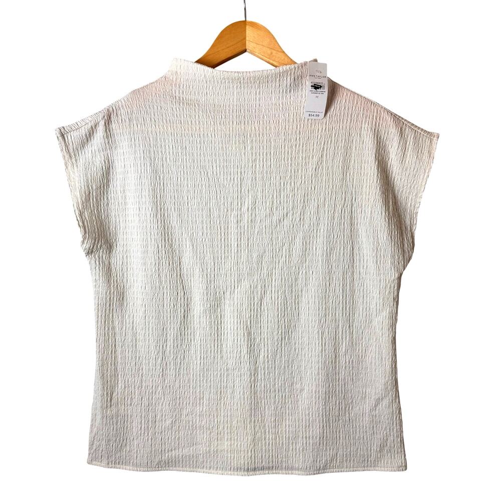 NWT Ann Taylor Blouse Womens Medium Funnel Neck Off White Gauze Lightweight Top